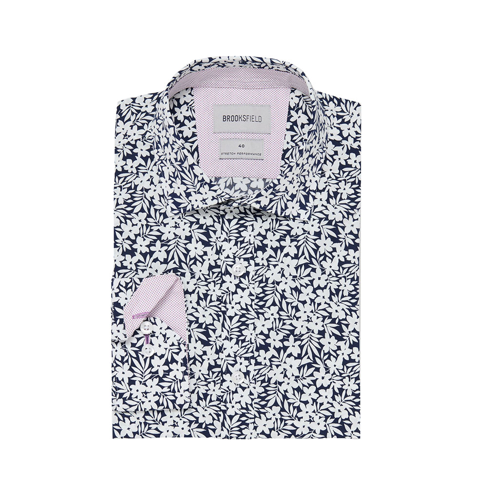 Brooksfield Stretch Performance Floral Navy Business Shirt