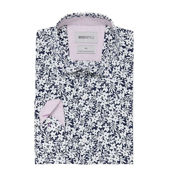 Brooksfield Stretch Performance Floral Navy Business Shirt-shop-by-brands-Beggs Big Mens Clothing - Big Men's fashionable clothing and shoes