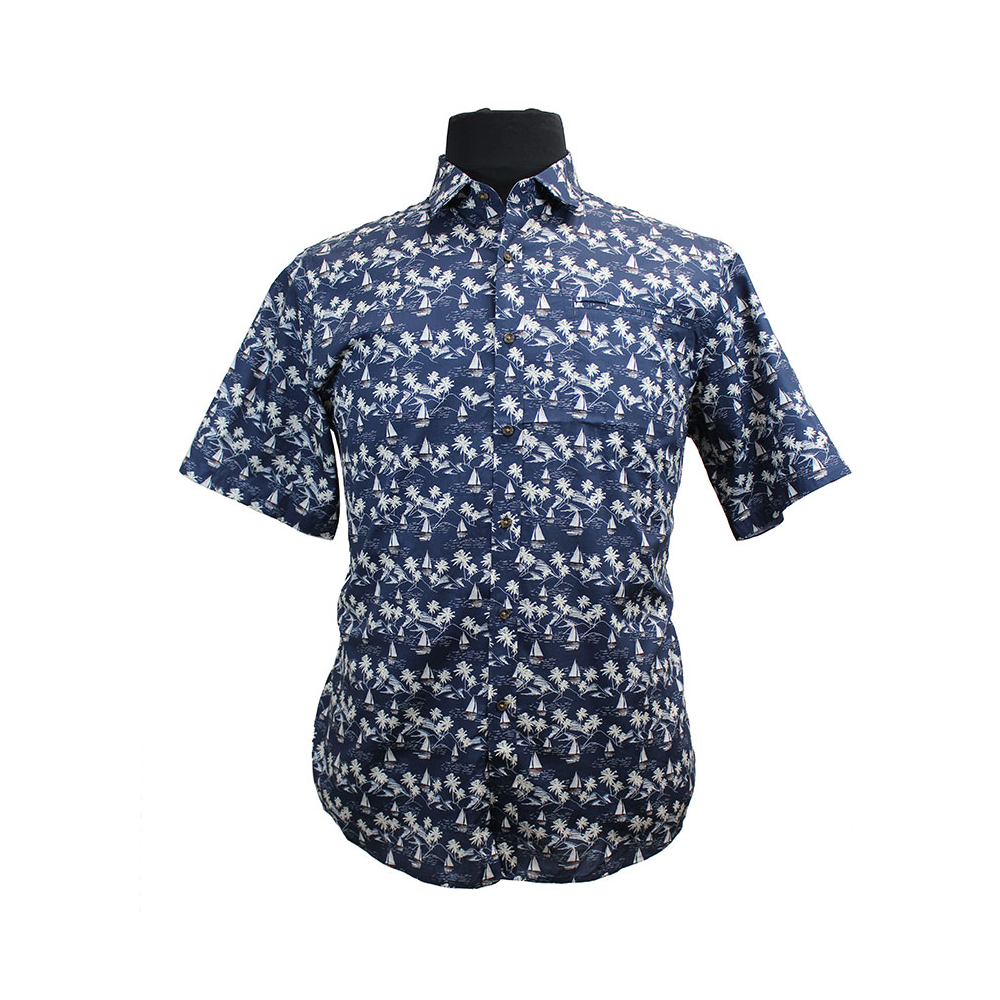 Berlin Pacific Boat Print SS Shirt Navy