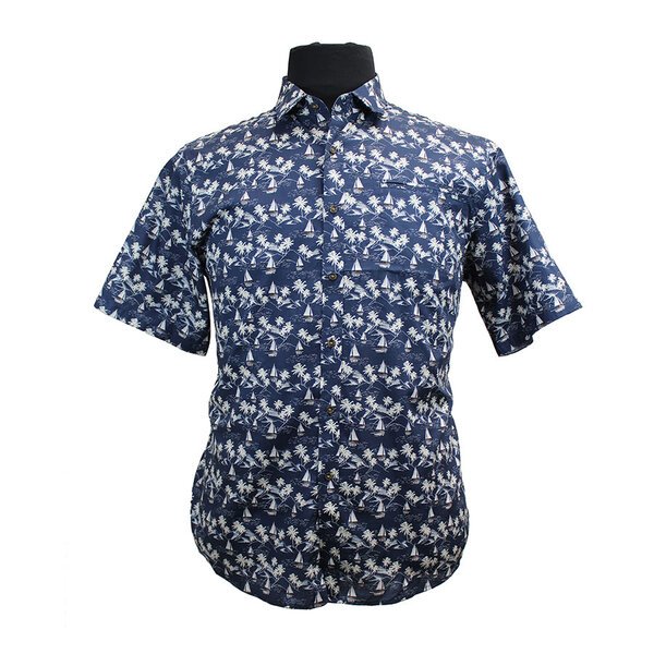 Berlin Pacific Boat Print SS Shirt Navy-shop-by-brands-Beggs Big Mens Clothing - Big Men's fashionable clothing and shoes