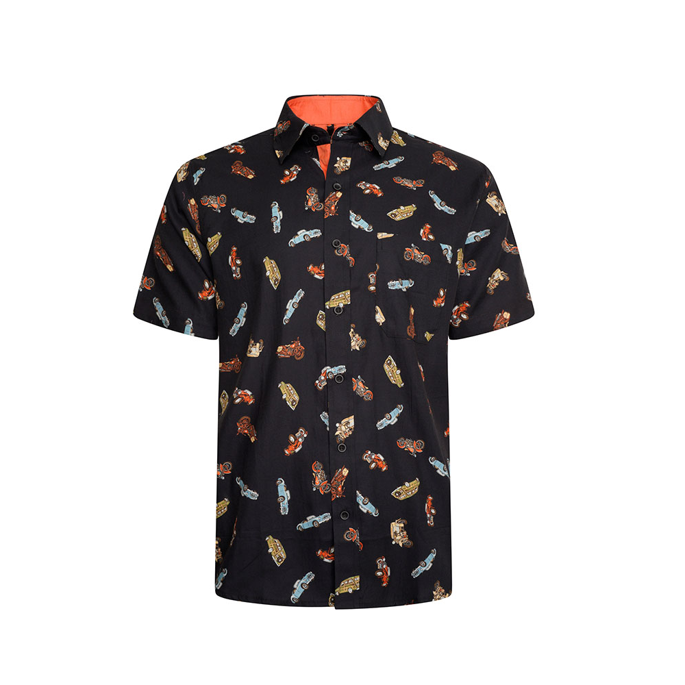 KAM Vintage Car Print SS Shirt Black